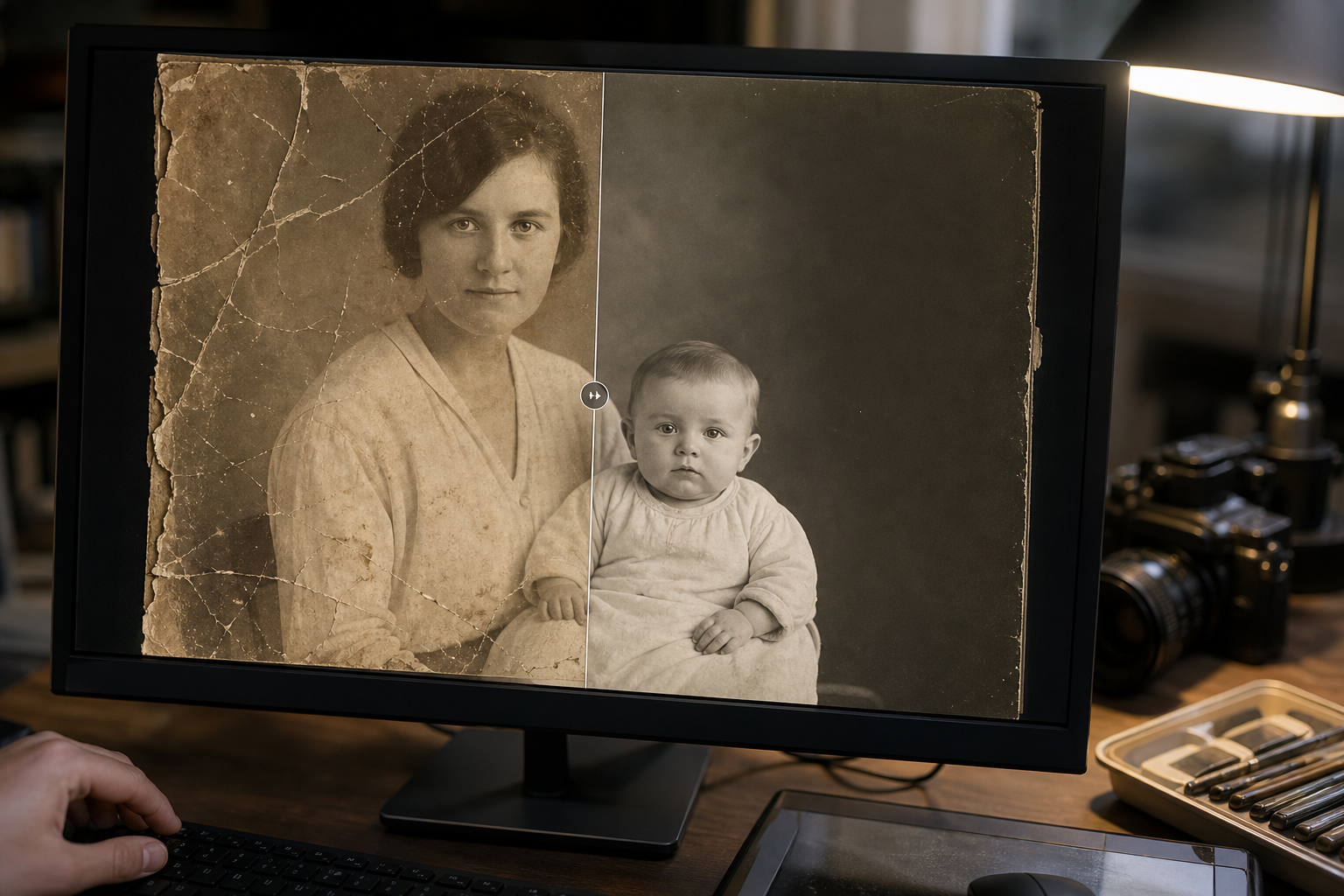 Antica fotografia in fase di restauro digitale su schermo di un computer